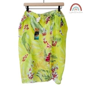 New! Beaches & Boho Tropical Hibiscus Floral Lime Green Sheer Sarong Coverup